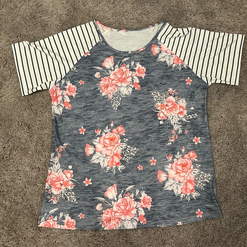 SHEIN Floral and Striped Women's Blouse - Blue and Pink